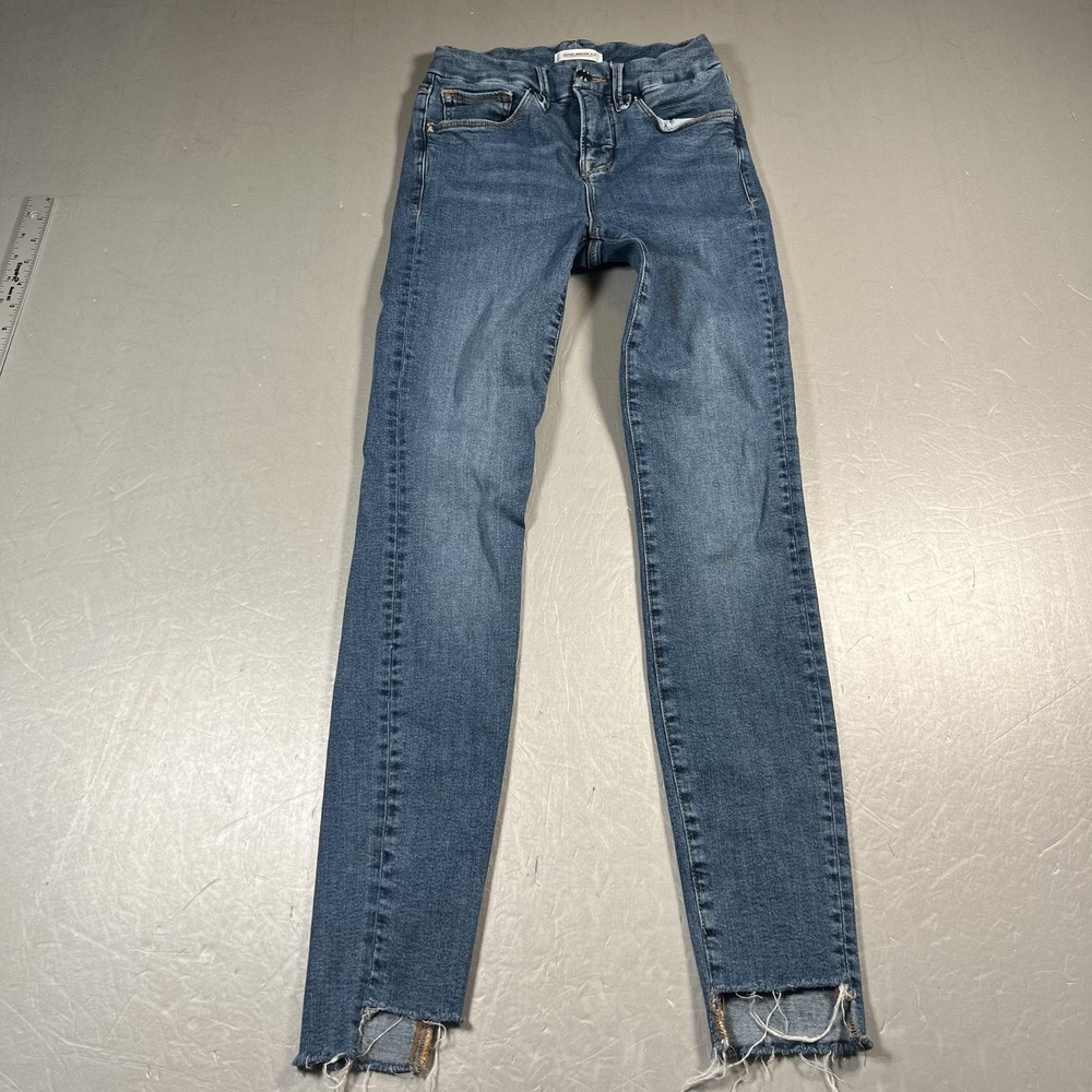 Good‎ American Jeans Womens 0/25 Blue Good Legs Skinny Raw Hem Stretch Denim
